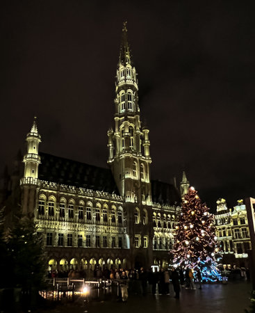 Night view the Grand Place in Brussels, Belgium, adorned with sparkling lights and ornaments, surrounded by historic buildings and a bustling Christmas market.の写真素材