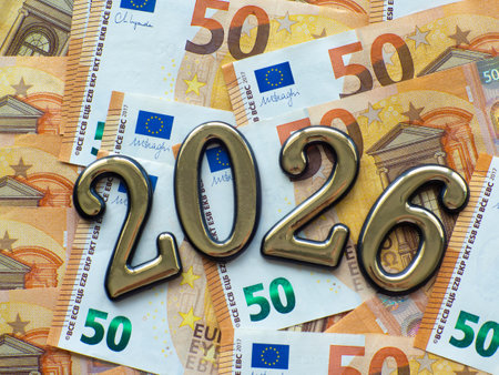 Set of European Union money with a face value of 50 euros. Background of the fifty euros banknotes and 2026 with copy space. Enterprise capital investment, finance, savings, bank and New Year conceptの写真素材