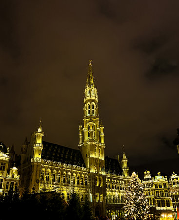 Night view the Grand Place in Brussels, Belgium, adorned with sparkling lights and ornaments, surrounded by historic buildings and a bustling Christmas market.の写真素材