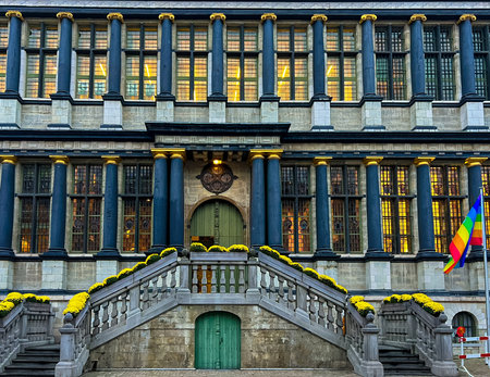 The historic city hall is a stunning example of Renaissance architecture with a grand staircase, arched windows, and a clock tower, located in the city Ghent.の写真素材