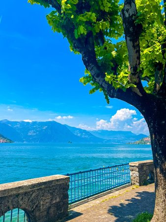 A stunning landscape featuring a calm Iseo lake reflecting the blue sky, Italy. Majestic mountains rise in the distance, framed by lush greenery, creating a tranquil and picturesque scene.の写真素材