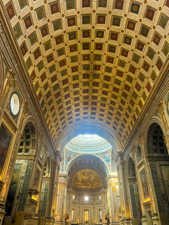 Church Santandrea, Mantua, Italy. An ornate church interior with a grand columns and detailed frescoes enhance the stunning architectural beauty of the building.の写真素材