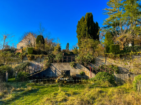 An abandoned hillside with a blue sky, and a garden. There is green grass, trees, shrubs, and small bushes. There are also some concrete stairs leading to the house. Nostalgia and haunting beautyの写真素材