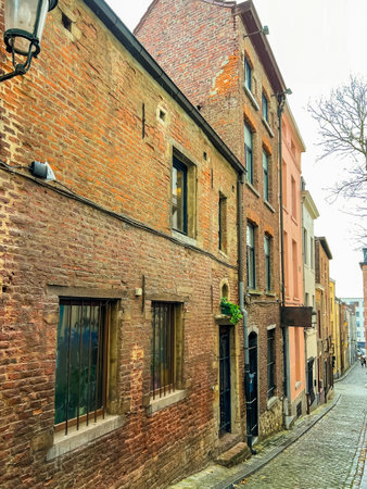 This image captures the charming exterior of a historic brick building in Brussels, Belgium. The photo showcases a cobblestone street lined with assorted buildings in the background.の写真素材