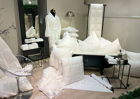 A modern store display featuring pristine white towels, plush pillows, and elegant bath products, showcasing a touch of luxury and style for home decor enthusiasts.の写真素材