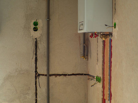 This photograph captures a tangle of electrical wires spilling over a beige plastered wall. The wires connect to a box adorned with green circles, positioned above a hot water heater.の写真素材