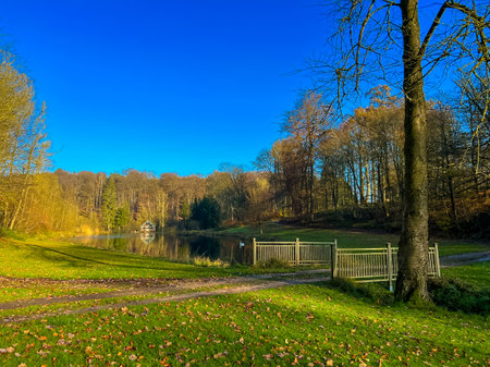 A picturesque scene in waterloo, belgium featuring a serene lake surrounded by lush greenery and an old wooden fence. The vibrant autumn leaves create a charming atmosphere under a clear blue sky.の写真素材