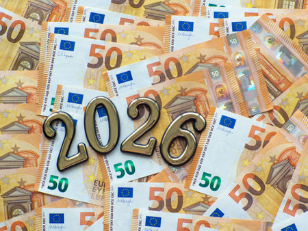 Set of European Union money with a face value of 50 euros. Background of the fifty euros banknotes and 2026 with copy space. Enterprise capital investment, finance, savings, bank and New Year conceptの写真素材