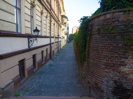 A breathtaking scenic view showcasing the ancient city wall of ivano-frankivsk. The wall is beautifully adorned with lush green climbing plants, blending nature and history.の写真素材