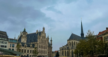 A picturesque square in Leuven, showcasing stunning historic architecture surrounded by vibrant greenery, Belgiumの写真素材