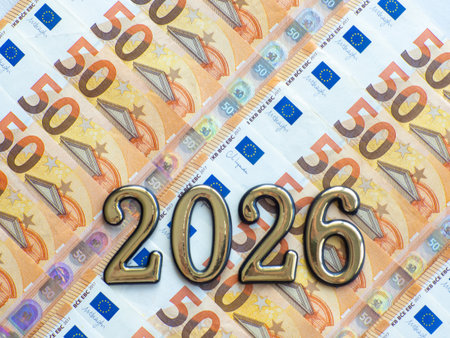 Set of European Union money with a face value of 50 euros. Background of the fifty euros banknotes and 2026 with copy space. Enterprise capital investment, finance, savings, bank and New Year conceptの写真素材