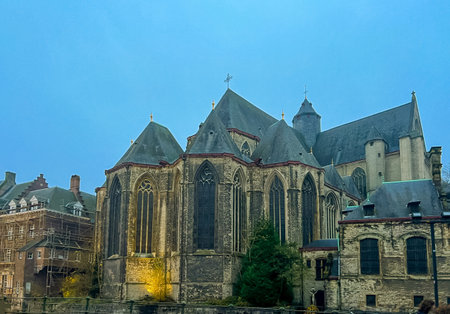 Capture the majestic facade of saint michaels church, a prominent roman catholic church located in the heart of ghents historical city center, showcasing remarkable architecture.の写真素材
