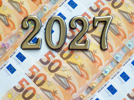 Set of European Union money with a face value of 50 euros. Background of the fifty euros banknotes...