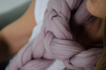 beautiful soft pink knited merino wool scarf, close up