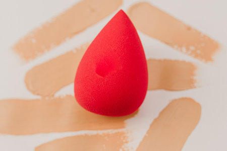 Red cosmetic sponge on a white background. The concept of beauty and cosmetics.の写真素材