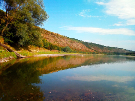 View of lush riverbankの写真素材