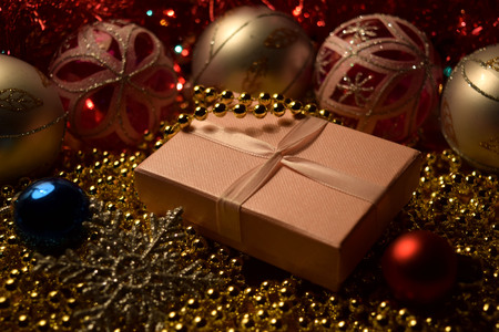 Christmas decoration. Red gift boxes with toys.の写真素材