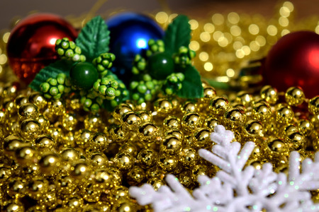 Christmas decoration. Red gift boxes with toys.の写真素材