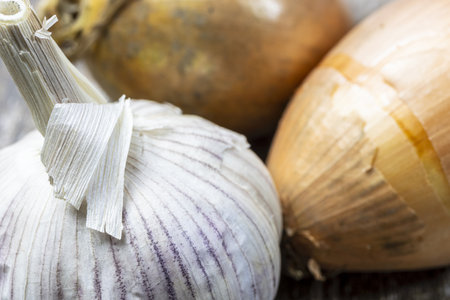 Fresh onion and garlic on the table.の写真素材