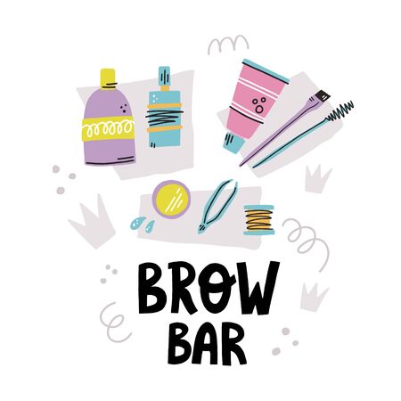 Brow bar hand drawn lettering and eyebrows tools with abstract decoration in modern style for brow bar banner design, landing.のイラスト素材