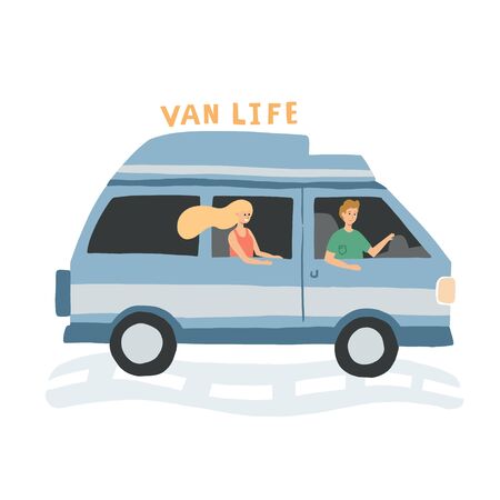 Couple riding a van. Family living in a van concept for banner, flyer, article. Hand drawn vector illustration with van life movement.のイラスト素材