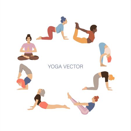 Round frame with women practicing yoga with space for text. Article, yoga classes  design element. Hand drawn flat coloured illustartionのイラスト素材