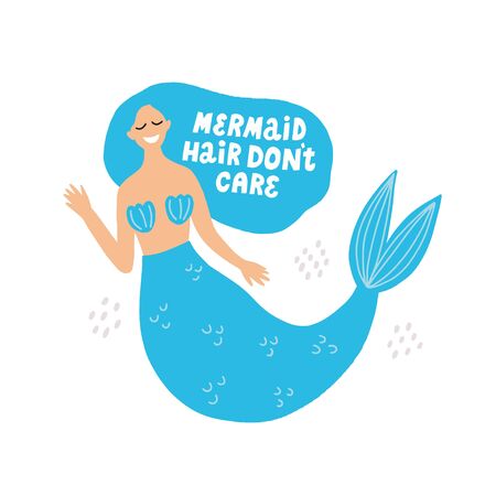 Hand drawn mermaid illustration. Mermaid hair don't care funny lettering. Concept for swimming textile design.のイラスト素材