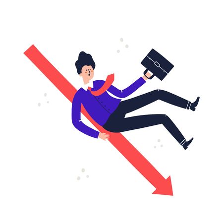 Man in a suit rolls down. Dismissal, job, loss, profit loss concept. HAnd drawn vector illsustrationのイラスト素材