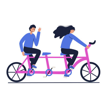 Friends riding a tandem bicycle. Keep distance concept. Hand drawn vector illustrationのイラスト素材