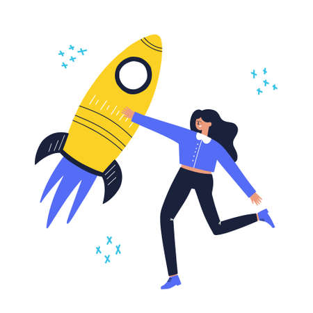 Woman with a rocket. Startup business concept. HAnd drawn vector illustration in modern styleのイラスト素材