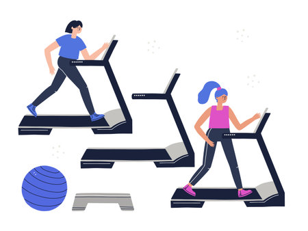 People keeping distance in a gym. Hand drawn vector illustration for banner, social media.のイラスト素材