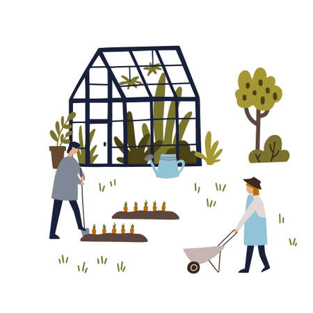 Garden with greenhouse, trees and characters, taking care of the plants. Hand drawn vector illustration. Horticulturist concept.のイラスト素材