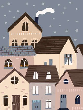 Rooftop view, townscape with cute houses at night. City concept. Hand drawn vector illustration.のイラスト素材
