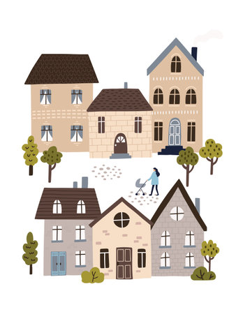 Town street with cute houses and trees. Woman walking with a stroller. Calm neighborhood concept. HAnd drawn vector illustration.のイラスト素材