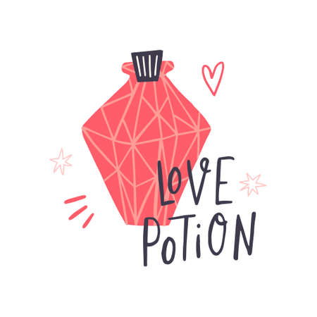 Pink love potion. Hand drawn vector illustration with lettering for poster, t shirt, decoration. MAgic concept for valentine's day.のイラスト素材