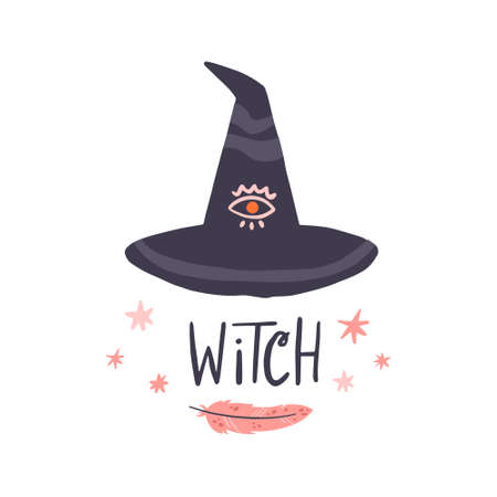 Witch hat with eye and feather. Hand drawn vector illustration with lettering for poster. Halloween...