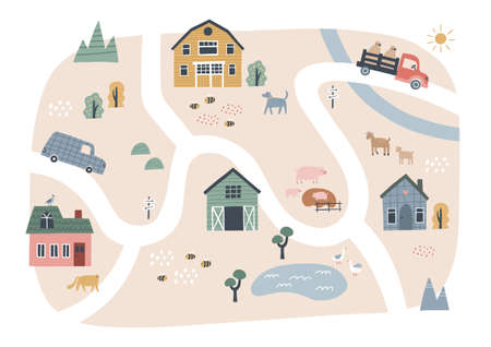 Cute village map with houses and animals. Hand drawn vector illustration of a farm. Town map creatorのイラスト素材