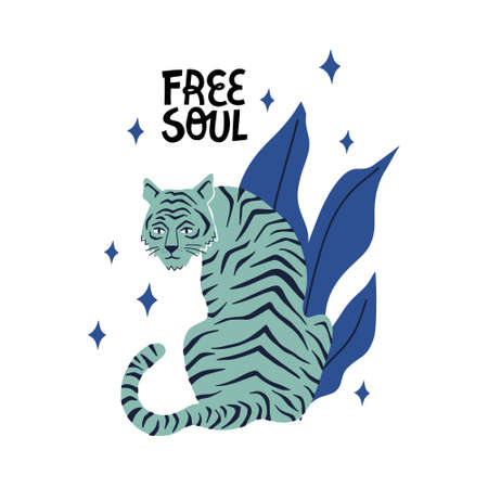 Tiger sitting in tropical leaves. Free soul lettering. HAnd drawn vector illustration.のイラスト素材