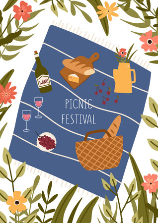 Picnic festival flyer template. Hand drawn vector illustrationのイラスト素材