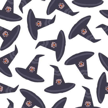 Seamless pattern with witch hat. Hand drawn vector illustration. Halloween concept for textile,...