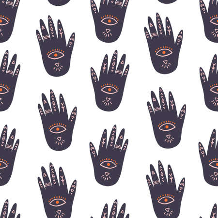Seamless pattern with buddha hand. Hand drawn vector illustration. Mystical concept for textile, wrapping.のイラスト素材