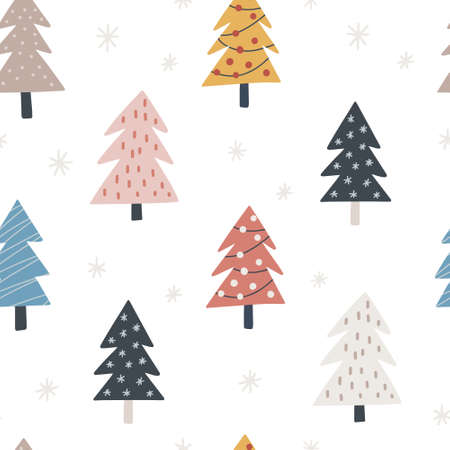Seamless pattern with christmas trees. Hand drawn vector illustration for wrapping, textile.のイラスト素材