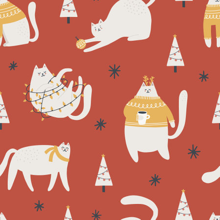 Seamless pattern with cute christmas cats. Hand drawn vector illustration for wrapping, textile.のイラスト素材