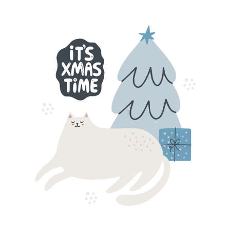 Cute cat near christmas tree. HAnd drawn vector illustration. It's xmas time lettering. Greeting card template.のイラスト素材
