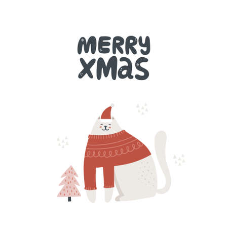 Cute cat in santa's hat and sweater. Merry xmaslettering. HAnd drawn vector illustration. Greeting card template.のイラスト素材