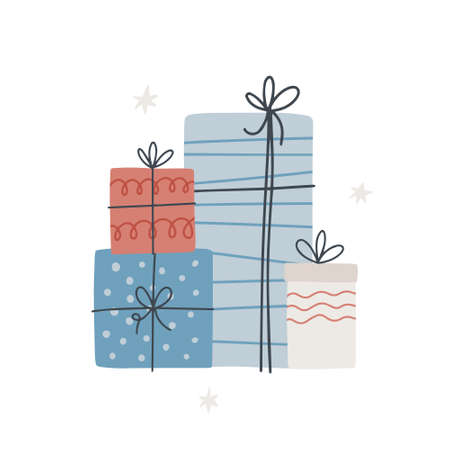 Mountain of presents. Hand drawn vector illustration. Christmas card template.のイラスト素材