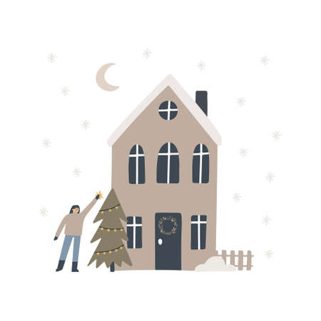 Woman decorating Christmas tree near her house. Hand drawn vector illustrationのイラスト素材