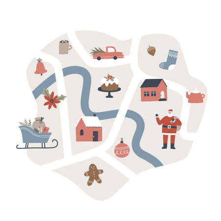 Christmas map with holiday essentials. Hand drawn vector illustration, greeting card conceptのイラスト素材