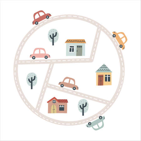 Road map with cars. Hand drawn vector illustration for nursery designのイラスト素材