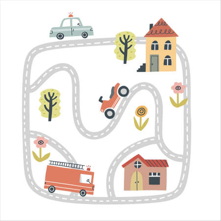 Cute town map. Hand drawn vector illustration for nurseryのイラスト素材